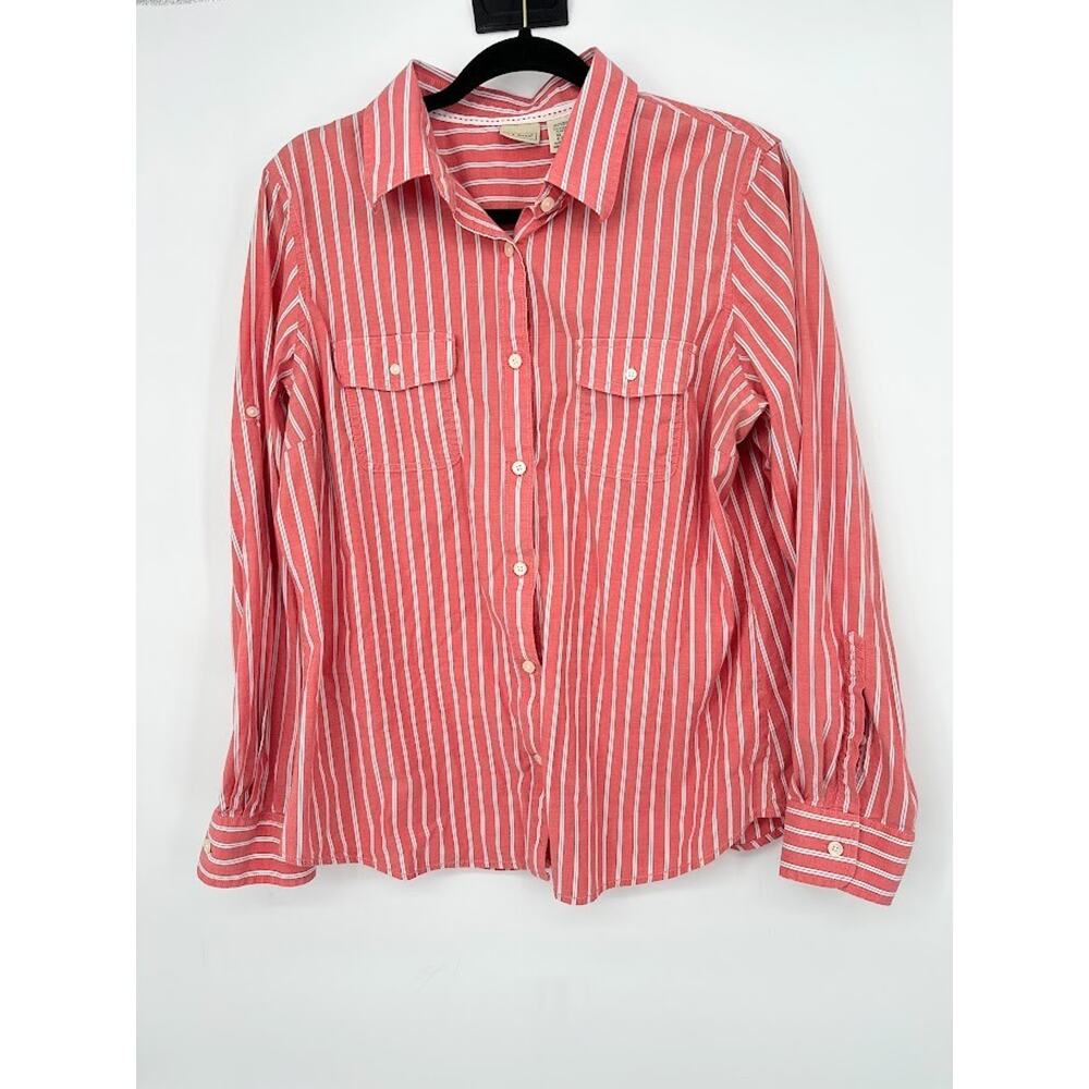 LL Bean Oxford Shirt Womens XL Red Striped Cotton Long Sleeve Casual Button Top